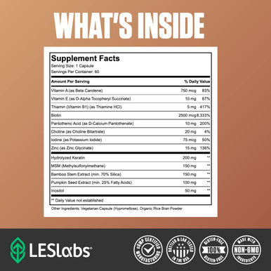 LES Labs Hair Health Hair Growth Supplement Improved Thickness Strength Fullness Keratin Biotin Pumpkin Seed MSM 60 Capsules