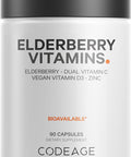 Codeage Elderberry Vitamins - Organic Fermented Elderberry Blend Vitamin C from Ascorbic Acid & Organic Acerola Cherries Vitamin D3 Zinc Elderberry Fruit Pills Sambucus Berries - 90 Capsules