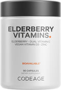 Codeage Elderberry Vitamins - Organic Fermented Elderberry Blend Vitamin C from Ascorbic Acid & Organic Acerola Cherries Vitamin D3 Zinc Elderberry Fruit Pills Sambucus Berries - 90 Capsules