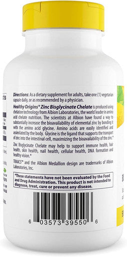 Healthy Origins, Zinc Bisglycinate, 50Mg Zinc - One Capsule Every 2 Days, 120 Vegan Capsules, Laboratory Tested, Vegetarian, Gluten-Free, Soya-Free, Non-Gmo