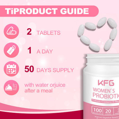 KFG Women's Probiotic 100 Billion CFUs 20 Strains with Organic Prebiotics Cranberry & D Mannose for Boost Immune Digestive Gut Vaginal & Urinary Health Gluten Dairy & Soy Free 100 Tablets.