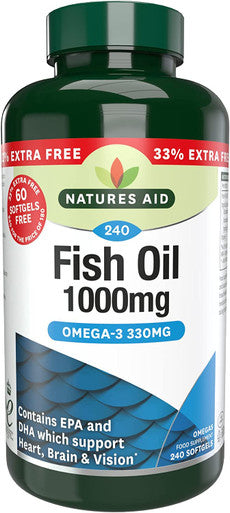 Natures Aid Fish Oil 1000mg | Omega 3 (180mg Epa & 120mg Dha) | Made In The Uk 240 Softgels For The Price of 180 240 Capsules