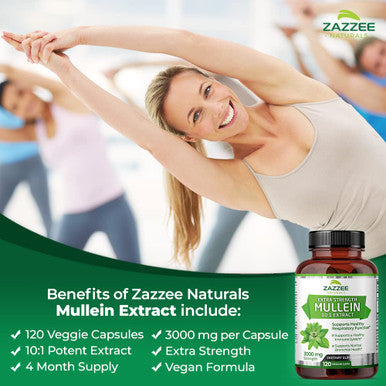 Zazzee Extra Strength Mullein 10:1 Extract, 3000 Mg Strength, 120 Vegan Capsules, 4 Month Supply, Concentrated And Standardized