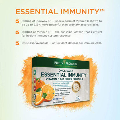 Essential Immunity Once Daily Vitamin C D Super Formula by Purity Products 500 mg PureWayC 1000 IU Vitamin D3 Citrus Bioflavonoids Rose Hips Extract Rutin More 30 Caps Box