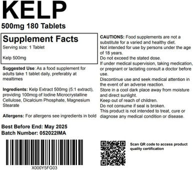 Kelp 500mg 90 Tablets - Sea Kelp Supplement, Natural Source of Iodine UK Made Supplement Letterbox Friendly