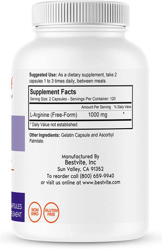 BESTVITE L-Arginine 500mg (480 Capsules) (240 x 2) - No Magnesium Stearate - No Silicon Dioxide - No Fillers - Non GMO - Gluten Free