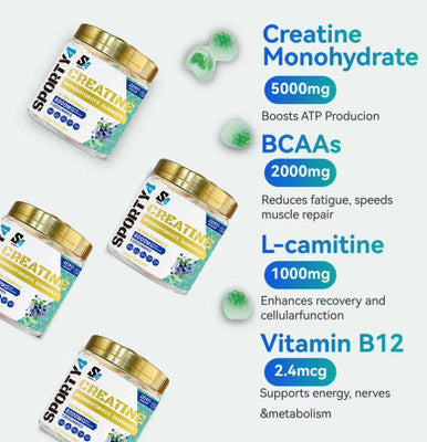 Sporty4 CREATINE Gummies Ultra + BCAA 8000mg | 120 Gummies of Creatine Monohydrate | BCAA | L Carnitine | Vitamin B6 and B12. Pre Workout Muscle Recovery Supplement for Men and Women Blueberry Flavour.