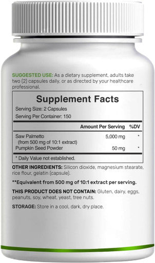 Saw Palmetto Supplement 5000 Mg With Pumpkin Seed, 300 Capsules Promotes Prostate Health Dht Blocker Hair Growth Vitamins, Maintain Normal Urinary Frequency