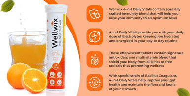 4-In-1 Daily Vitals For Wellness - Electrolytes, Immunity, Antioxidants And Probiotics. Vitamin C 1000 Mg, Sodium 200 Mg, Potassium 100 Mg, Vitamin D3, B12 And More. Effervescent Tablets