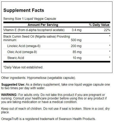 Swanson Black Cumin Seed Oil 500 Milligrams 60 Liq Vegcap