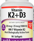 Webber Naturals Vitamin K2 MK7 120 mcg with Vitamin D3 1000 IU 90 Softgels Supports Bones Teeth and Cardiovascular System Vitamin Supplement Gluten and NonGMO