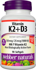 Webber Naturals Vitamin K2 MK7 120 mcg with Vitamin D3 1000 IU 90 Softgels Supports Bones Teeth and Cardiovascular System Vitamin Supplement Gluten and NonGMO