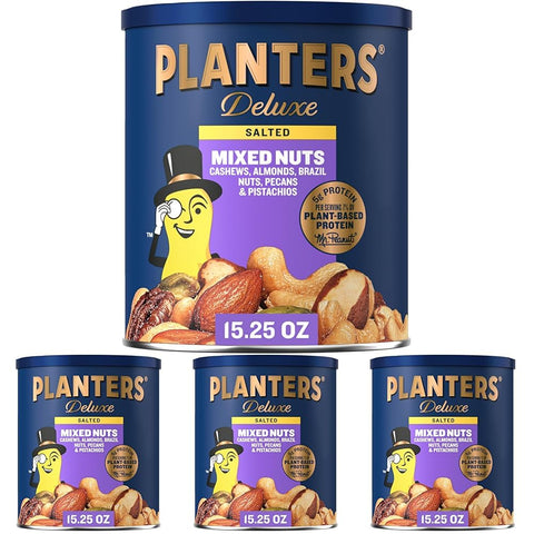 PLANTERS Unsalted Mixed Nuts, Cashews, Pistachios, Almonds, Brazil Nuts, and Pecans, Plant-Based Protein Snacks, 15.25 oz Canister