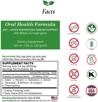 Foods For Gut Oral Care Probiotics Powder 200 Billion Cfu | Ent & Upper Respiratory Immune Support | High Potency (30 Gram)