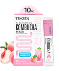 Teazen Peach Kombucha Tea Hydration Drink Mix Sugar Live Probiotics & Prebiotics 10 Sticks 1.76oz