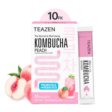 Teazen Peach Kombucha Tea Hydration Drink Mix Sugar Live Probiotics & Prebiotics 10 Sticks 1.76oz