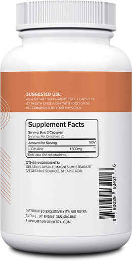 Nui Nutra L-Citrulline Supplement | 1500mg | 150 Capsules | Amino Acid Supplement & Nitric Oxide Booster | Immune & Cardiovascular System Support | Muscle Endurance & Pre-Workout Support
