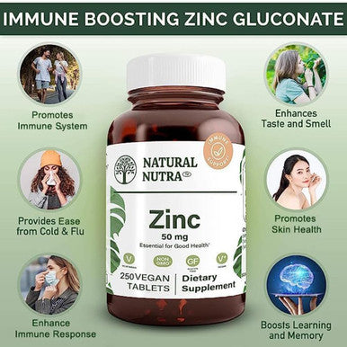 Natural Nutra Zinc Gluconate 50Mg Supplement For Immune Support, Skin, Enhance Taste And Smell, Gluten 50Mg 250 Vegan Tablets
