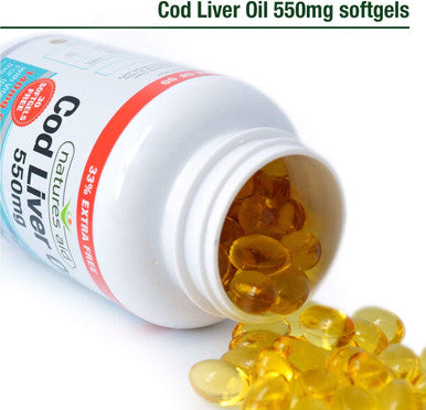 Natures Aid Cod Liver Oil 550 mg 120 Softgel Capsules (Providing 120 mg Omega-3 with Vitamins A and D For The Normal Function of the Immune System Purity Guaranteed Made in the UK)