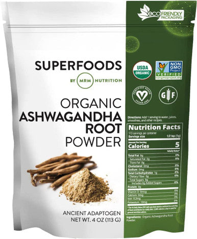 MRM Nutrition Organic Ashwagandha Root Powder | Ancient adaptogen | Stress + Mood Support | Gluten- + Vegan | 113 Servings