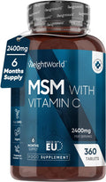 Weightworld MSM Supplements - 2400mg High Strength Methylsulfonylmethane (MSM) with Vitamin C for Bones - 360 Vegan Tablets (not MSM Capsules) - 6 Months Supply - Non-GMO & Gluten- Sulphur Tablets