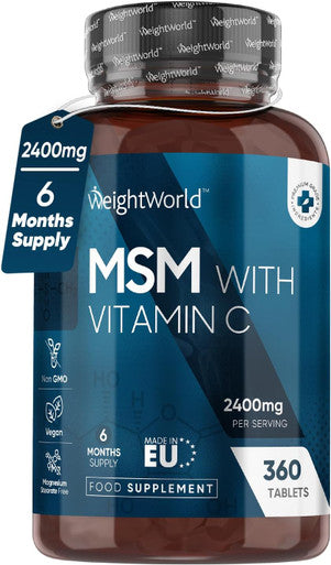 Weightworld MSM Supplements - 2400mg High Strength Methylsulfonylmethane (MSM) with Vitamin C for Bones - 360 Vegan Tablets (not MSM Capsules) - 6 Months Supply - Non-GMO & Gluten- Sulphur Tablets