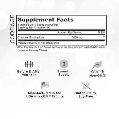 Codeage Liposomal Creatine Monohydrate Powder Supplement, Pure Creatine 5000mg 3-Month Supply, Unflavored Creatine, Micronized Creatine Powder, Creatinine Sports Muscles, Keto-Friendly - 90 Servings