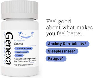 Genexa Stress for Adults | Anxiety Relief & Fatigue Remedy | Soothing Natural Vanilla & Lavender Flavor | Gluten & Non-GMO | Homeopathic Remedy Made Clean | 60 Chewable Tablets