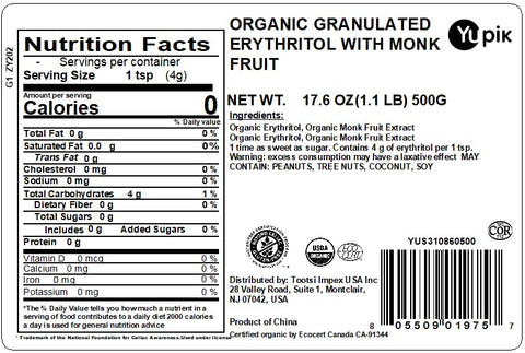 Yupik Organic Granulated Erythritol With Monk Fruit, 1.1 lb Natural Sweetener, Sugar Substitute, Diabetic-Friendly Sweetener, Sugar-Free Sweetener