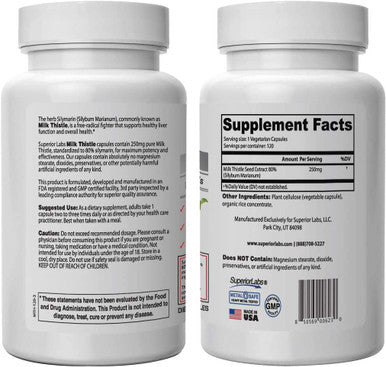 Superior Labs Milk Thistle NonGMO 80 Silymarin Flavonoids Powerful Formula for Healthy Liver Kidney Detox and Function Energy 250mg 41 Extract Yielding 1000mg 120 Vegetable Caps