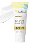 MyCHELLE Dermaceuticals Sun Shield SPF 28 Unscented (2.3 Fl Oz) - Soothing Reef Safe Sunscreen with Vitamin E and Aloe - Travel Size Zinc Sunscreen for Face and Body
