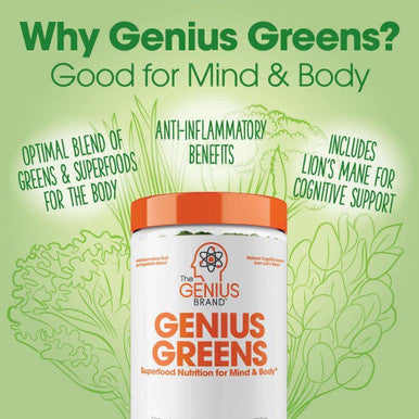 Genius Super Greens Powder Nootropic Supplement Organic Spirulina Powder w/ Lions Mane Kale and Antioxidants Amazing Green Superfood Juice Smoothie Mix For Energy Immunity Booster Vibrance