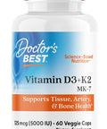 Doctor'S Best Vitamin D3 + K2 (Vitamin K2 As Mk-7) Supports Bone Tissue and Arterial Health Calcium Absorption 0 Non-Gmo Gluten Vegetarian 5000 Iu 60 Veggie Caps