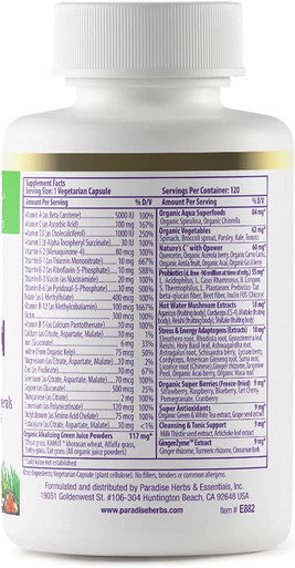Paradise Herbs Earth's BlendAÃƒâ€šÃ‚Â® Organic Superfood Multivitaman with Iron Antioxidants Probiotics Adaptogens Vitamins A, B, C, D, K2 120 Vegetarian Capsules