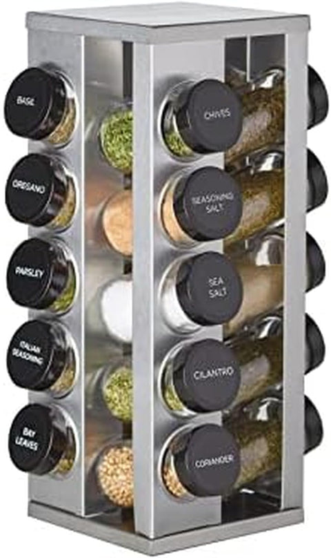 Kamenstein 20 Jar Revolving Countertop Spice Rack with Spices Included, FREE Spice Refills for 5 Years, Polished Stainless Steel with Black Caps, 30020
