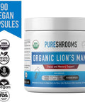 Lion's Mane Mushroom Focus & Memory Capsules (90 caps), Organic Lion's Mane Mushroom Powder Extract Capsules, Vegan Brain Supplement, Brain Focus Vitamins, Gluten-Free, No Fillers