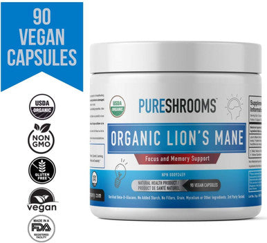 Lion's Mane Mushroom Focus & Memory Capsules (90 caps), Organic Lion's Mane Mushroom Powder Extract Capsules, Vegan Brain Supplement, Brain Focus Vitamins, Gluten-Free, No Fillers