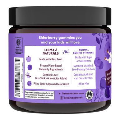 Llama Naturals Elderberry Gummies for Kids Vegan Organic Immune Support Supplement with Vitamin C and Zinc Toddler Real Fruit Gummy Vitamins for Immunity Chewable No Added Sugar Cane 120 Ct