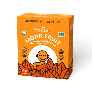 Sweetleaf Organic Monk Fruit Sweetener Granular Zero-Calorie Natural Sugar Substitute for Coffee Tea and Baking Organic Monk Fruit Non GMO Keto Friendly 0 Sugars - 40 Packets