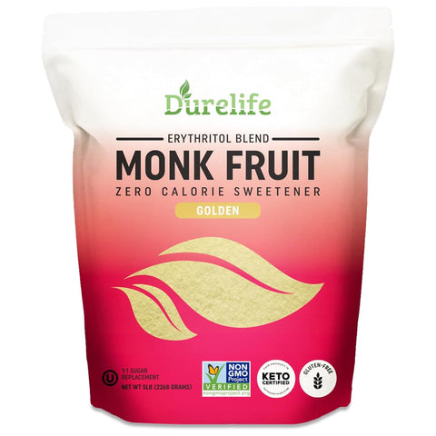 Durelife Golden Monk Fruit Sweetener, 1:1 Sugar Replacement, Keto Diet Friendly, Zero Calorie, Kosher Sugar Substitute, Golden - 10 lb Bulk Size