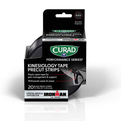Curad Performance Series Ironman Kinesiology Tape Black 2 in x 10 in 1 Roll of 20 Precut Strips