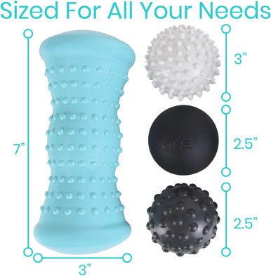 Vive Massage Ball Set (4 Piece) - Foot Pain Hot Cold Therapy Kit - Plantar Fasciitis, Heel Spur, Sore Muscles, Trigger Point - Back, Arm, Neck, Shoulder, Leg Circulation Roller - Pt Spike Massager