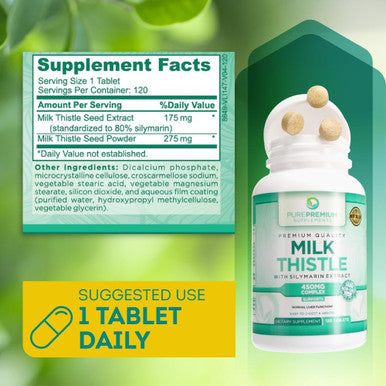 Purepremium Milk Thistle Supplement With Silymarin - 450Mg Complex Normal Liver Support Supplement - Milk Thistle Extract For Normal Liver Function - Vegan Silymarin Milk Thistle - 120 Tablets