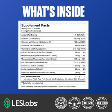 LES Labs DeToxx Better Mornings Liver Support Alcohol Metabolism Electrolyte Replenishment Prickly Pear Milk Thistle LCysteine 60 Capsules