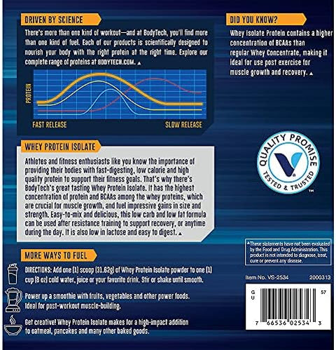 Bodytech Whey Protein Isolate Powder 25G Protein Per Serving With Bcaas Fastabsorbing For Muscle Growth & Recovery Rich Chocolate (3 Lb 43 Servings)