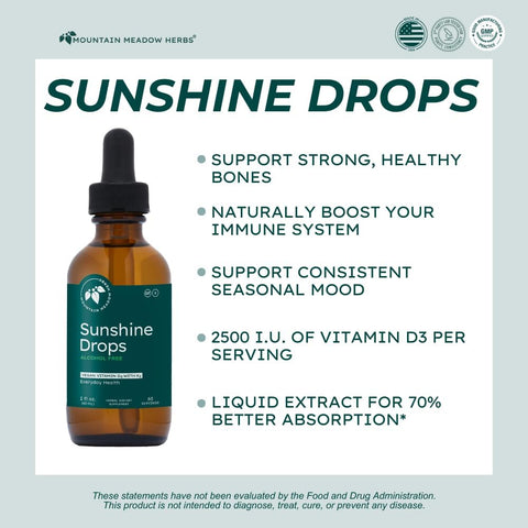 Mountain Meadow Herbs Sunshine Drops Vegan Vitamin D3 Booster for Healthy Bones and Teeth Ideal Winter Supplement Tincture 2oz