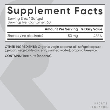 Sports Research Zinc Picolinate 50Mg With Organic Coconut Oil Highly Absorbable Zinc Supplement For Healthy Immune Function - Non-Gmo Verified, Gluten & Soy (60 Liquid Softgels)
