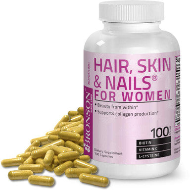 Bronson Hair, Skin & Nails With Biotin Extra Strength Vitamin Supplement For Women, 100 Capsules