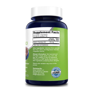 NusaPure Acetyl L-Carnitine 750mg Per Caps 150 Veggie Capsules (Non-GMO & ) High Potency Acetyl L Carnitine (ALCAR) Supplement Pills