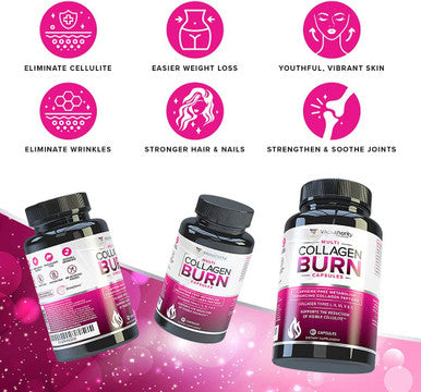 Multi Collagen Burn MultiType Hydrolyzed Collagen Protein Peptides with Hyaluronic Acid Vitamin C SOD B Dimpless Types I II III V and X Collagen Caffeine Unflavored Capsules